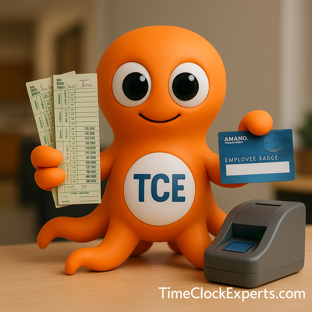 Clocktopus mascot holding punch time cards and scanning employee badge in office setting for time tracking accuracy