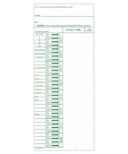 Acroprint ATT311  Weekly cards for ATT310 clock - 200pk