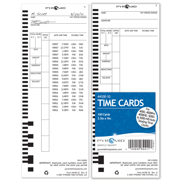 Pyramid 4000 & 5000 Time Clock Punch Cards - 1000 Pack for Accurate Tracking